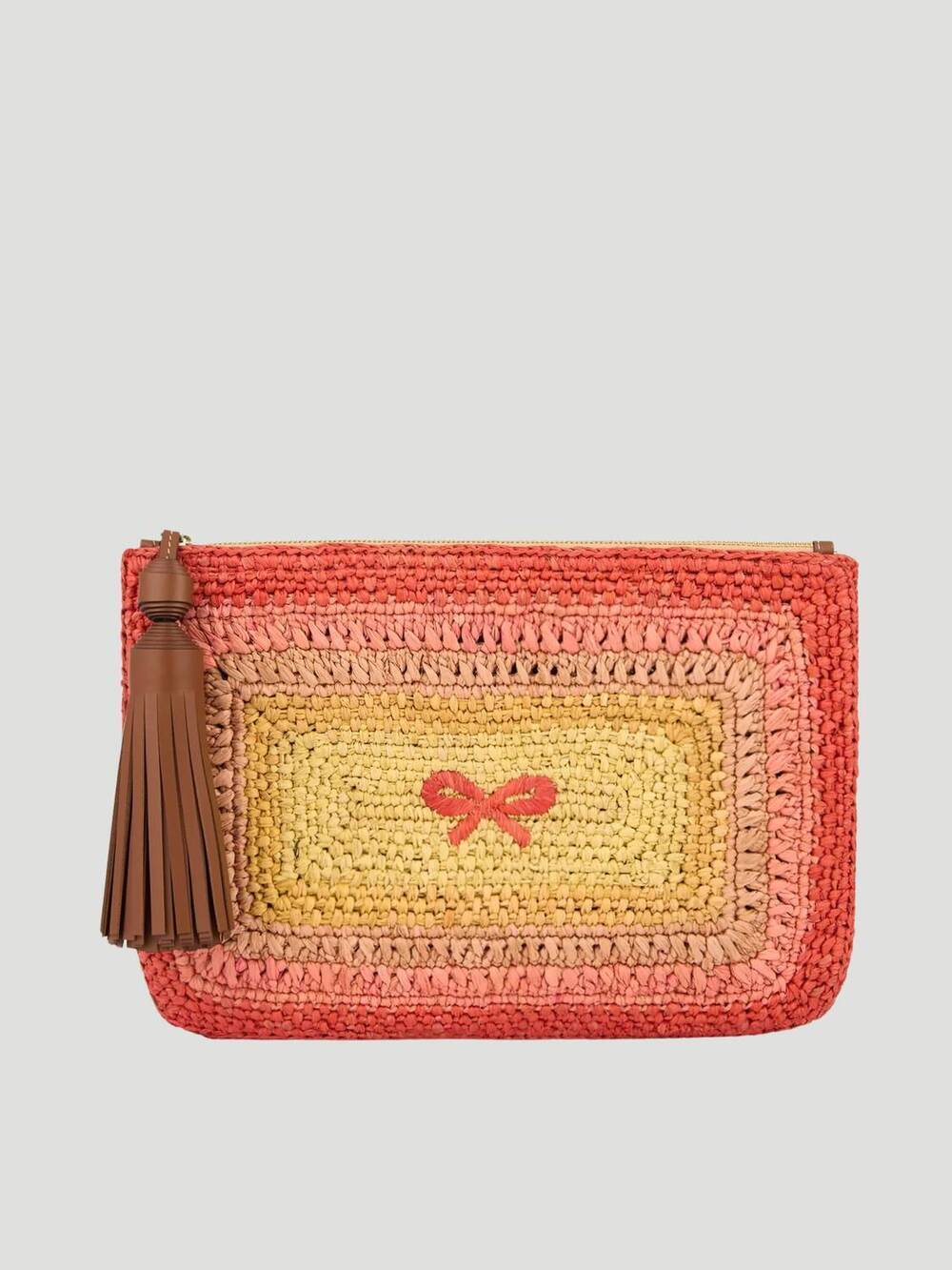 NEW ANYA HINDMARCH women's raffia tassel bow clutch in orange multi